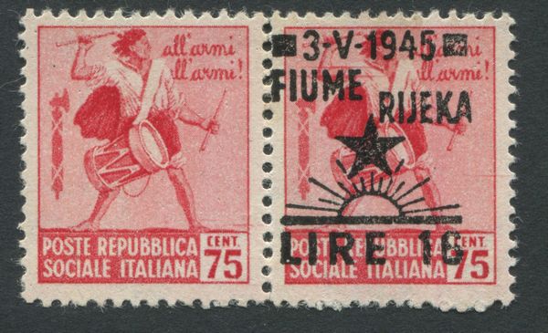 1945 - Occupazione straniera di territori italiani - Occupazione jugoslava di Fiume - Francobolli dItalia del 1944-45 (Monumenti distrutti) sovrastampati - 16l. su 75c. rosa carminio - Coppia orrizontale di cui uno senza soprastampa (Sass. 19d)  - Asta Filatelia e Storia Postale - Associazione Nazionale - Case d'Asta italiane