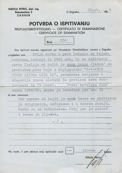 1945 - Occupazione straniera di territori italiani - Occupazione jugoslava di Fiume - Francobolli dItalia del 1944-45 (Monumenti distrutti) sovrastampati - 16l. su 75c. rosa carminio - Coppia orrizontale di cui uno senza soprastampa (Sass. 19d)  - Asta Filatelia e Storia Postale - Associazione Nazionale - Case d'Asta italiane
