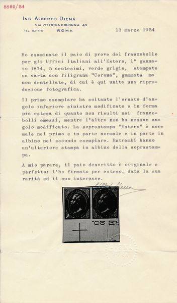 1874 - Regno dItalia - Uffici Postali allestero - Levante - Emissioni generali  - Coppia orizzontale di prove del 5 centesimi verde grigio (Sass. P3, variet) su carta gommata e con filigrana corona, non dentellate, bordo di foglio - Il primo esemplare reca solo l'angolo inferiore sinistro modificato ed in forma pi estesa delle normali modifiche sui francobolli emessi. Il secondo esemplare non presenta alcun angolo modificato - Le soprastampe ESTERO sono doppie, una delle quali in albino. Sul secondo esemplare si nota soprastampa parziale.  - Asta Filatelia e Storia Postale - Associazione Nazionale - Case d'Asta italiane