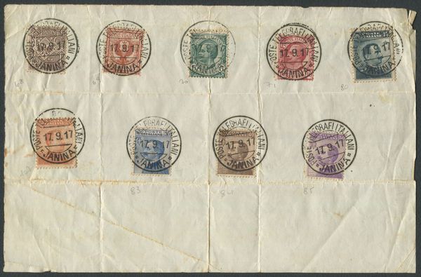 1917 - Regno dItalia - Uffici Postali allEstero - Foglietto con nove francobolli del Regno dItalia (Sass. 68,69, 80, 81, 82, 83, 84, 85, 86) annullati con annullo di Giannina (Epiro) POSTE TELEGRAFI ITALIANI / JANINA / 17.9.17.  - Asta Filatelia e Storia Postale - Associazione Nazionale - Case d'Asta italiane