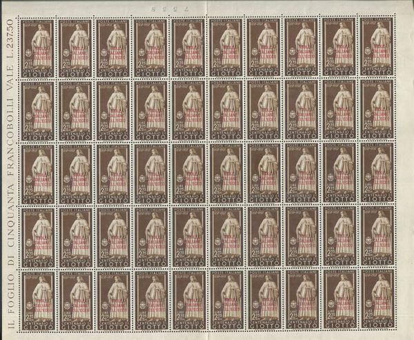 1938 - Egeo - Emissioni Generali - Giotto - I due valori in fogli cpl. di 50 esemplari (Sass. S.20).  - Asta Filatelia e Storia Postale - Associazione Nazionale - Case d'Asta italiane