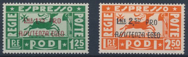 1943  Regno dItalia  Colonie e Possedimenti  Egeo  Occupazione tedesca  Espressi Pro assistenza Egeo soprastampati (Sass. E3 e E4).  - Asta Filatelia e Storia Postale - Associazione Nazionale - Case d'Asta italiane