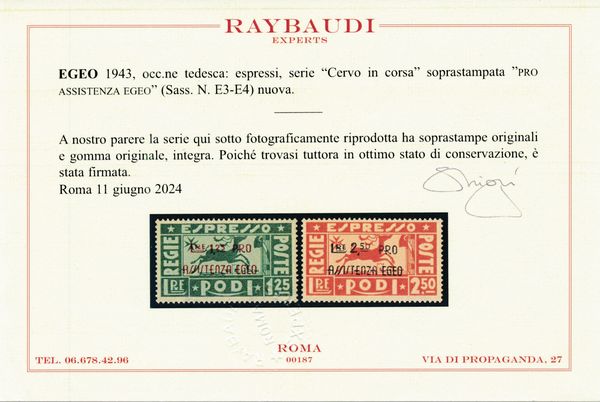 1943  Regno dItalia  Colonie e Possedimenti  Egeo  Occupazione tedesca  Espressi Pro assistenza Egeo soprastampati (Sass. E3 e E4).  - Asta Filatelia e Storia Postale - Associazione Nazionale - Case d'Asta italiane