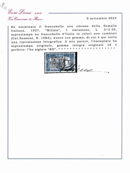 1927  Regno dItalia  Colonie  Somalia  Milizia I  5 + 2,50 lire  - Non emesso (Sass. 108A).  - Asta Filatelia e Storia Postale - Associazione Nazionale - Case d'Asta italiane