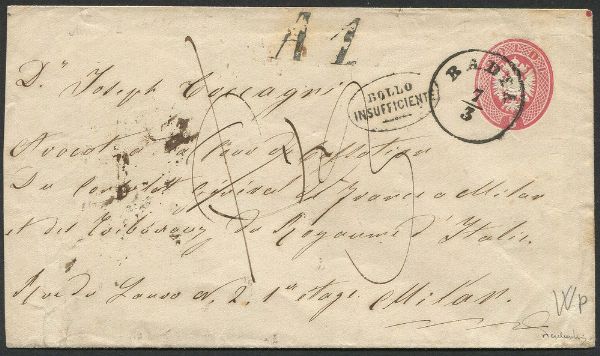 1866, Lombardo Veneto, Intero Postale da 5 soldi (Formato 147 x 84 mm - Sass. 18) da Badia per Milano, del 7 marzo 1866, tassato inizialmente per 1/2 decimi e poi corretta in 3 decimi. Bolli di transito e distribuzione al verso, A1 e ovale Bollo Insufficiente al recto.  - Asta Filatelia e Storia Postale - Associazione Nazionale - Case d'Asta italiane