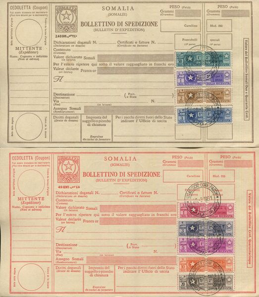 1950 - Somalia - A.F.I.S. Amministrazione Fiduciaria Italiana - Pacchi postali Stella e mezzaluna serie completa usata su due bollettini di spedizione (Sass. S.63)  - Asta Filatelia e Storia Postale - Associazione Nazionale - Case d'Asta italiane