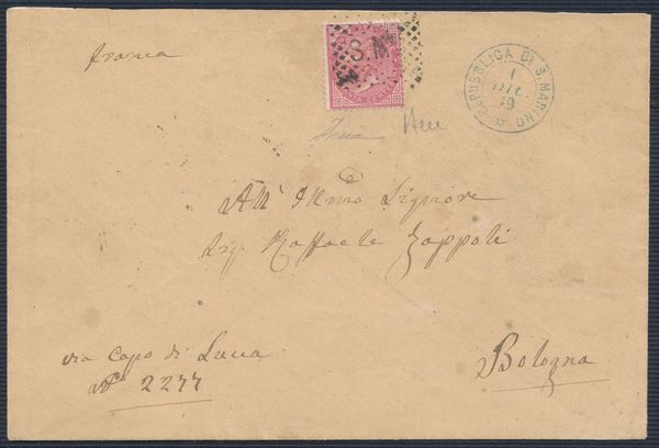 1869  Repubblica di S. Marino  Precursori - Lettera da S. Marino a Bologna del 1 dicembre affrancata con francobollo del Regno dItalia, 40 cent. rosso carminio, Tiratura di Torino (SASS. F6T) con annullo a piccoli S.M.no pi bollo a doppio cerchio in azzurro REPUBBLICA DI S. MARINO / 1 DIC. 69.  - Asta Filatelia e Storia Postale - Associazione Nazionale - Case d'Asta italiane
