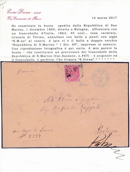 1869  Repubblica di S. Marino  Precursori - Lettera da S. Marino a Bologna del 1 dicembre affrancata con francobollo del Regno dItalia, 40 cent. rosso carminio, Tiratura di Torino (SASS. F6T) con annullo a piccoli S.M.no pi bollo a doppio cerchio in azzurro REPUBBLICA DI S. MARINO / 1 DIC. 69.  - Asta Filatelia e Storia Postale - Associazione Nazionale - Case d'Asta italiane