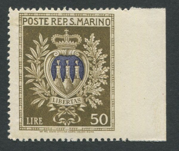 1946 - San Marino - Serie Stemmi - 50 lire oliva e oltremare non dentellato a destra (Sass. 295d).  - Asta Filatelia e Storia Postale - Associazione Nazionale - Case d'Asta italiane
