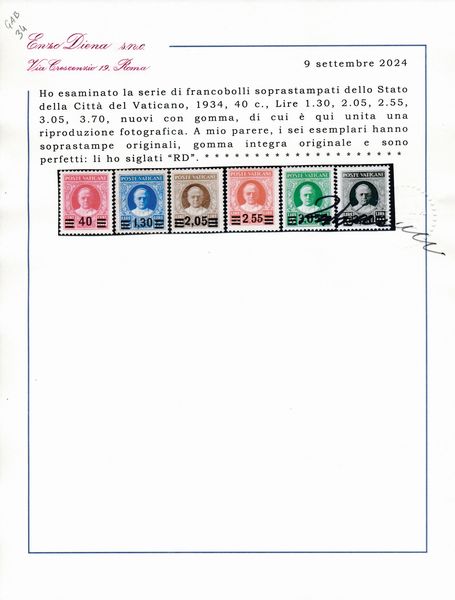 1934  Citt del Vaticano  Serie Provvisoria nuova (Sass. S.7)  - Asta Filatelia e Storia Postale - Associazione Nazionale - Case d'Asta italiane