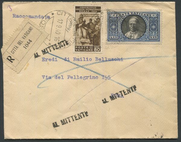 1940 - Citt del Vaticano - Raccomandata, su busta di servizio dellAmministrazione dei Beni della S. Sede, dalla Citt del Vaticano a Roma affrancata con, 1933, 1,25 lire azzurro e nero Medaglione (Sass. 29) e, 1935, 80c. bruno Congresso Giuridico Internazionale (Sass. 45).  - Asta Filatelia e Storia Postale - Associazione Nazionale - Case d'Asta italiane