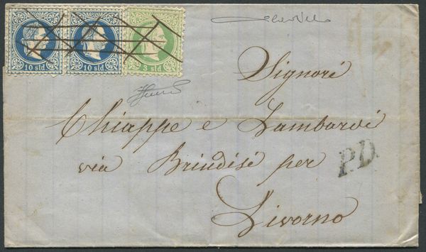 1871 - Levante austriaco - VI emissione effigie di Francesco Giuseppe volta a destra, 3s. verde giallo e coppia orizzontale 10s. azzurro (Unif. 2 e 4) su lettera diretta Livorno da Brindisi (bollo darrivo del. 9 settembre 1871).  - Asta Filatelia e Storia Postale - Associazione Nazionale - Case d'Asta italiane