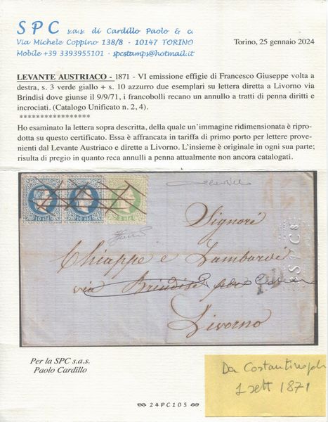 1871 - Levante austriaco - VI emissione effigie di Francesco Giuseppe volta a destra, 3s. verde giallo e coppia orizzontale 10s. azzurro (Unif. 2 e 4) su lettera diretta Livorno da Brindisi (bollo darrivo del. 9 settembre 1871).  - Asta Filatelia e Storia Postale - Associazione Nazionale - Case d'Asta italiane
