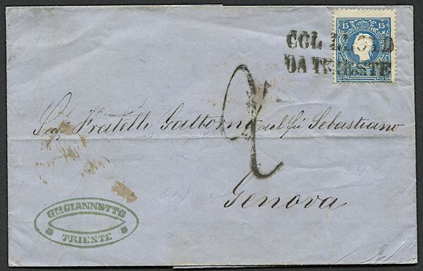 1860 - Austria, lettera da Trieste per Genova del 27 giugno affrancata con 15 kreuzer, annullato col bollo Col. Lloyd da Trieste apposto a a Venezia in transito. Al verso, bollo dellambulante Da Milano a Desenzano e Uff. Amb. Sez. Ticino. Bollo di arrivo a Genova del 29 giugno, dove fu tassata venti centesimi.  - Asta Filatelia e Storia Postale - Associazione Nazionale - Case d'Asta italiane