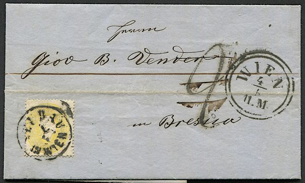 1862 - Austria - Lettera da Vienna per Brescia del 4 maggio Affrancata con 2 kr. giallo (S. 17), tassata per errore per 2 decimi e detassata. Al verso, bollo Da Desenzano a Milano del 6 maggio e di arrivo dello stesso giorno.  - Asta Filatelia e Storia Postale - Associazione Nazionale - Case d'Asta italiane