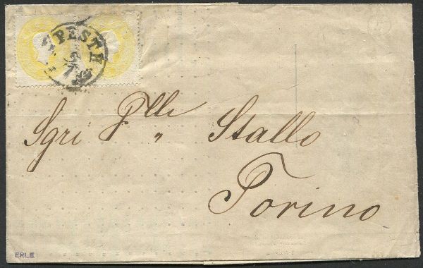 1861 - Ungheria - Lettera da Pesth per Torino del 9 luglio ffrancata con due es. del 2kr. giallo (S. 17), in tariffa di doppio porto. Non tassata, bolli al verso Da Desenzano a Milano del 12 luglio, dellAmbulante Sez. Ticino e di arrivo a Torino.  - Asta Filatelia e Storia Postale - Associazione Nazionale - Case d'Asta italiane