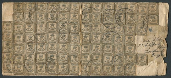 1901 - Spagna - Lettera da Siviglia a Southampton del 2 gennaio affrancata con ben 93 esemplari del framcobollo delle reggenza spagnola del 1873, 1/4 peseta verde giallo (Unif. 140)  - Asta Filatelia e Storia Postale - Associazione Nazionale - Case d'Asta italiane