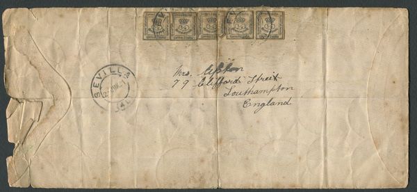 1901 - Spagna - Lettera da Siviglia a Southampton del 2 gennaio affrancata con ben 93 esemplari del framcobollo delle reggenza spagnola del 1873, 1/4 peseta verde giallo (Unif. 140)  - Asta Filatelia e Storia Postale - Associazione Nazionale - Case d'Asta italiane