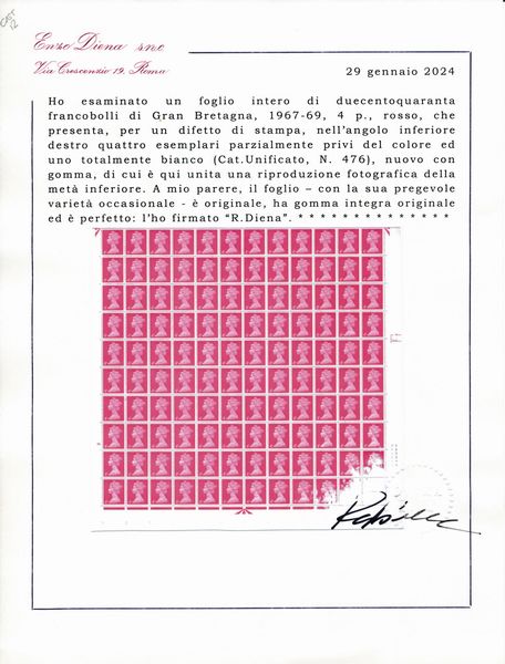 1967-69  Gran Bretagna - Foglio intero di 240 francobolli, 1967-1969, 4 penny rosso (Unif. 476), con difetto di stampa nell'angolo inferiore destro con quattro esemplari parzialmente privi del colore ed uno totalmente bianco.  - Asta Filatelia e Storia Postale - Associazione Nazionale - Case d'Asta italiane