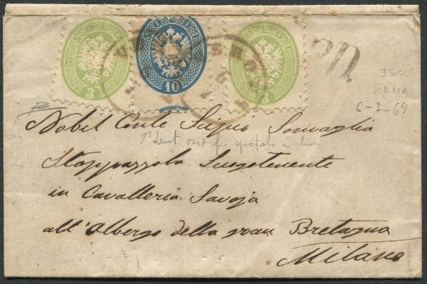 1864, Lombardo Veneto, Lettera da Verona per Milano del 6 luglio 1864, affrancata con due esemplari del 3 soldi verde, e 10 soldi azzurro con  dentellatura orizzontale fortemente spostata in basso (Sass. 42a, 44)  - Asta Filatelia e Storia Postale - Associazione Nazionale - Case d'Asta italiane