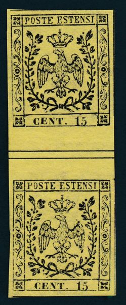 1852 - Modena - 15 cent. giallo cromo senza punto dopo le cifre, I tiratura, (Sass. 3b) coppia con interspazio di gruppo SENZA piega al centro.  - Asta Filatelia e Storia Postale - Associazione Nazionale - Case d'Asta italiane