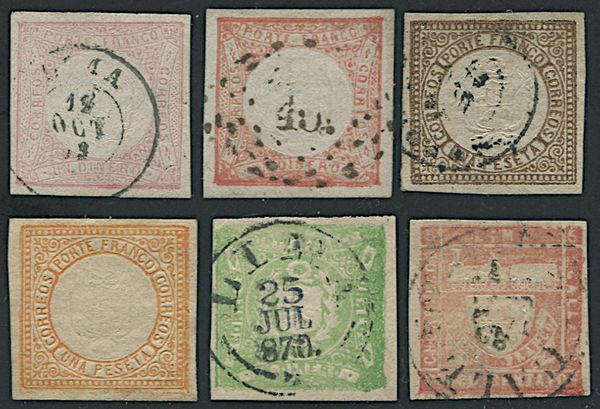 1862/73, Per - 1 dinero red (2), 1 peseta brown used (1) (Yv. 8/9); 1 dinero green-yellow (3), 1 peseta yellow (1) (Yv. 13-15); 5 cent. red Trecito used (Yv. 14) and 2 centavos Llama in grey (reprinted).  - Asta Filatelia e Storia Postale - Associazione Nazionale - Case d'Asta italiane