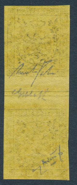 1852 - Modena - 15 cent. giallo cromo senza punto dopo le cifre, I tiratura, (Sass. 3b) coppia con interspazio di gruppo SENZA piega al centro.  - Asta Filatelia e Storia Postale - Associazione Nazionale - Case d'Asta italiane