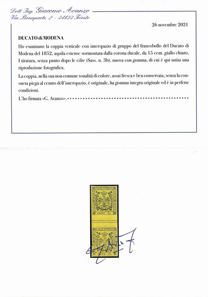1852 - Modena - 15 cent. giallo cromo senza punto dopo le cifre, I tiratura, (Sass. 3b) coppia con interspazio di gruppo SENZA piega al centro.  - Asta Filatelia e Storia Postale - Associazione Nazionale - Case d'Asta italiane
