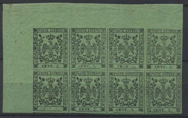 1855 - Ducato di Modena - Blocco di otto esemplari, margine di foglio superiore sinistro, del 5c. verde oliva con punto dopo le cifre (Sass. 8).  - Asta Filatelia e Storia Postale - Associazione Nazionale - Case d'Asta italiane