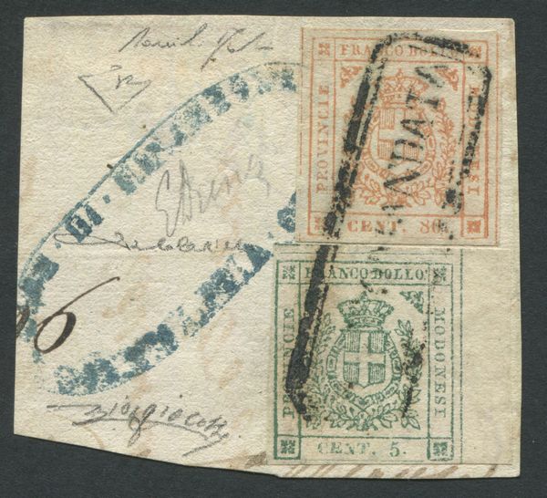 1859 - Ducato di Modena - Governo Provvisorio - 5c. verde e 80c. bistro arancio (Sass. 12 e 18) su frammento annullato in cartella RACCOMANDATA  - Asta Filatelia e Storia Postale - Associazione Nazionale - Case d'Asta italiane