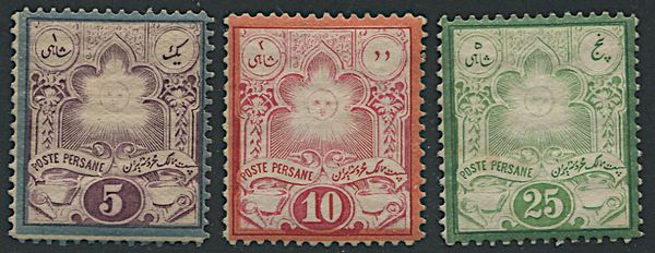 1881 - Persia, 5 c. violet, 10 cent. carmine, 25 c. green.  - Asta Filatelia e Storia Postale - Associazione Nazionale - Case d'Asta italiane