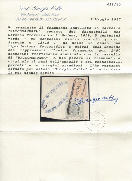 1859 - Ducato di Modena - Governo Provvisorio - 5c. verde e 80c. bistro arancio (Sass. 12 e 18) su frammento annullato in cartella RACCOMANDATA  - Asta Filatelia e Storia Postale - Associazione Nazionale - Case d'Asta italiane