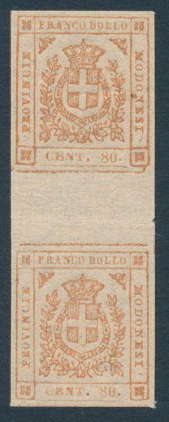 1859 - Modena - Governo provvisorio - 80 cent. bistro arancio (Sass. 18) con interspazio di gruppo e consueta piega.  - Asta Filatelia e Storia Postale - Associazione Nazionale - Case d'Asta italiane