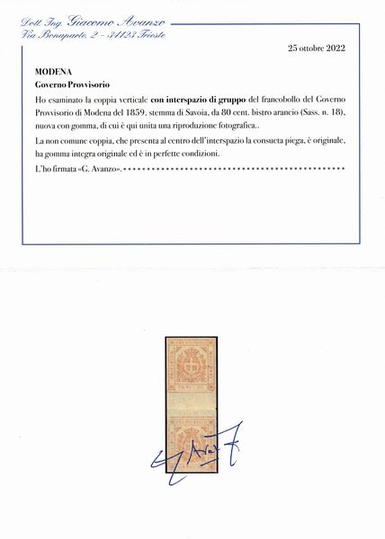1859 - Modena - Governo provvisorio - 80 cent. bistro arancio (Sass. 18) con interspazio di gruppo e consueta piega.  - Asta Filatelia e Storia Postale - Associazione Nazionale - Case d'Asta italiane