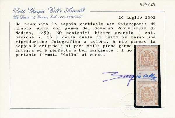 1859 - Modena - Governo provvisorio - 80 cent. bistro arancio (Sass. 18) con interspazio di gruppo e consueta piega.  - Asta Filatelia e Storia Postale - Associazione Nazionale - Case d'Asta italiane