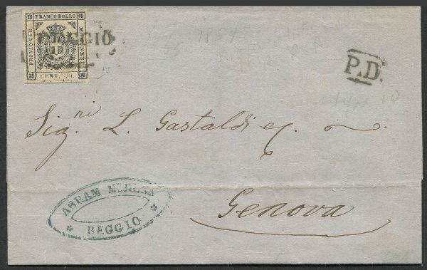 1859, Modena, Cisappennino, Governo Provvisorio, lettera da Reggio per Genova dell'8 novembre affrancata in tariffa di primo porto con 20c ardesia violaceo (Sass. 15), annullato col bollo stampatello diritto fornito durante il Governo Provvisorio. A lato bollo PD e al verso bollo di arrivo a Genova del 10 novembre.  - Asta Filatelia e Storia Postale - Associazione Nazionale - Case d'Asta italiane