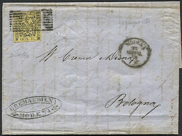 1859, Modena, Governo Provvisorio, annulli risorgimentali, lettera da Modena per Bologna del 22 giugno affrancata con 15 cents. (S. 3) del Ducato di Modena, annullato col bollo a nove sbarre di Modena in dotazione al Governo Provvisorio. Al verso bollo di arrivo di Bologna del 24.  - Asta Filatelia e Storia Postale - Associazione Nazionale - Case d'Asta italiane