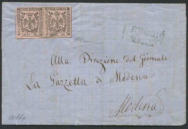 1859, Modena, Governo Provvisorio, annulli risorgimentali, lettera da Reggio per Modena del 5 ottobre affrancata con coppia del 10c del Ducato di Modena con punto dopo le cifre (S. 9), annullata col bollo a doppio cerchio di Reggio in periodo di Governo Provvisorio. Al verso, bollo di arrivo del 6 ottobre.  - Asta Filatelia e Storia Postale - Associazione Nazionale - Case d'Asta italiane