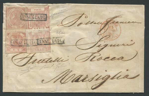 1858 - Regno delle due Sicilie, Napoli - 1gr. rosa chiaro I tavola (Sass. 3), 2gr. rosa chiaro I tavola (Sass. 5), 5gr. rosa brunastro I tavola (Sass. 8) e 50gr. rosa brunastro (Sass. 14) su lettera da Napoli a Marsiglia del 13 febbraio a mezzo Vapori francesi.  - Asta Filatelia e Storia Postale - Associazione Nazionale - Case d'Asta italiane