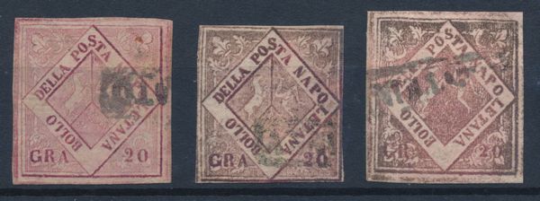 1858/61  Napoli  Falsi per posta  20 grana carminio V tipo, 20 grana carminio VI e 20  grana rosa brunastro VII tipo annullati (Sass. F12, F13, F14).  - Asta Filatelia e Storia Postale - Associazione Nazionale - Case d'Asta italiane