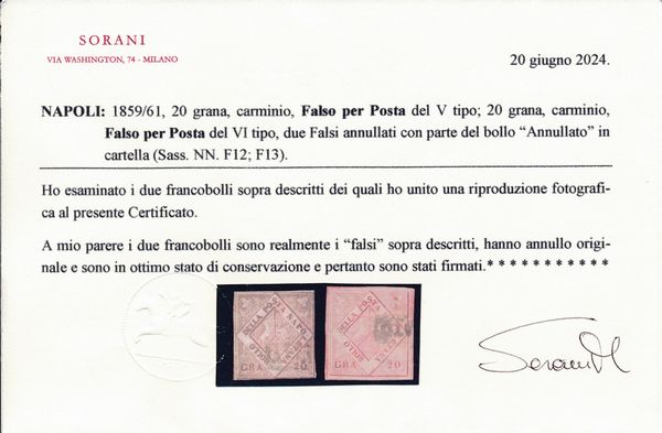 1858/61  Napoli  Falsi per posta  20 grana carminio V tipo, 20 grana carminio VI e 20  grana rosa brunastro VII tipo annullati (Sass. F12, F13, F14).  - Asta Filatelia e Storia Postale - Associazione Nazionale - Case d'Asta italiane