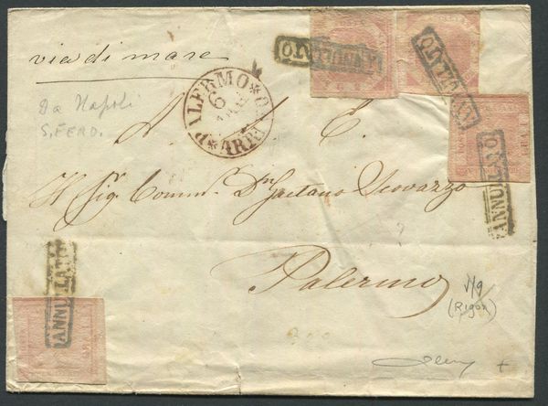 1859 - Regno delle due Sicilie, Napoli - due esemplari del 1gr. rosa chiaro I tavola (Sass. 3) e due esemplari del 2gr. rosa chiaro I tavola (sass. 5) su lettera da Napoli a Palermo del 5 maggio tramite i Piroscafi borbonici.  - Asta Filatelia e Storia Postale - Associazione Nazionale - Case d'Asta italiane