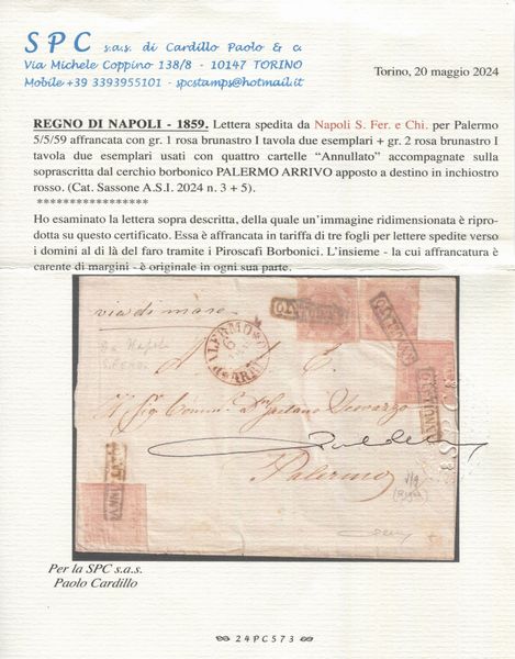 1859 - Regno delle due Sicilie, Napoli - due esemplari del 1gr. rosa chiaro I tavola (Sass. 3) e due esemplari del 2gr. rosa chiaro I tavola (sass. 5) su lettera da Napoli a Palermo del 5 maggio tramite i Piroscafi borbonici.  - Asta Filatelia e Storia Postale - Associazione Nazionale - Case d'Asta italiane