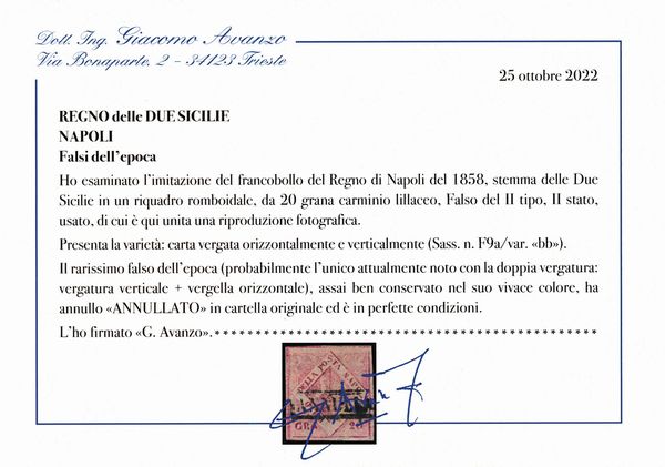 1860 - Napoli - Falsi per posta - Imitazione del francobollo del Regno di Napoli del 1858, stemma delle Due Sicilie in riquadro romboidale, da 20 grana carminio lillaceo, falso per servire II tipo, II stato, usato con parte di Annullo in cartella ANNULLATO. Variet: carta vergata orizzontalmente e verticalmente (Sass. F9bb).  - Asta Filatelia e Storia Postale - Associazione Nazionale - Case d'Asta italiane