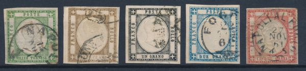 1861 - Napoli  Province napoletane   tornese verde scuro,  , 1, 2 e 5 grana annullati (Sass. 17c, 18/21).  - Asta Filatelia e Storia Postale - Associazione Nazionale - Case d'Asta italiane