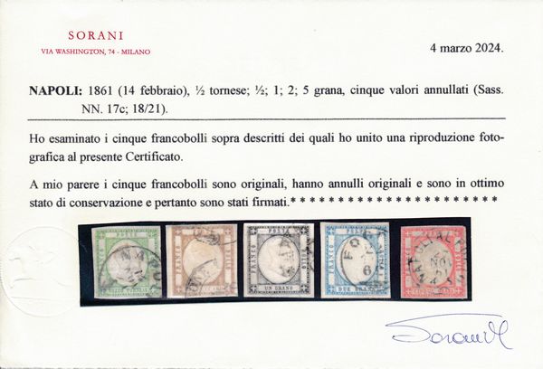 1861 - Napoli  Province napoletane   tornese verde scuro,  , 1, 2 e 5 grana annullati (Sass. 17c, 18/21).  - Asta Filatelia e Storia Postale - Associazione Nazionale - Case d'Asta italiane
