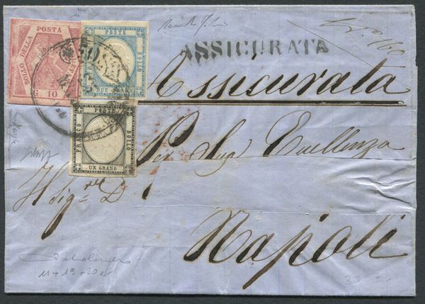 1861 - Regno di Napoli e Province Napoletane -10gr. carminio vivo II tavola (sass. 11b), 1gr. nero (sass. 19) e 2gr. celeste (Sass. 20a) su lettera assicurata da Foggia a Napoli del 25 maggio.  - Asta Filatelia e Storia Postale - Associazione Nazionale - Case d'Asta italiane