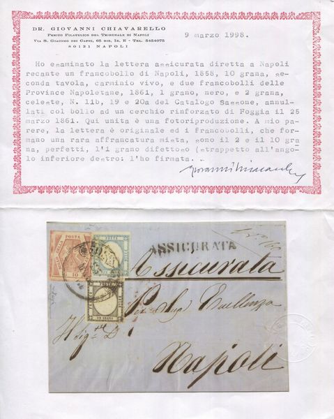 1861 - Regno di Napoli e Province Napoletane -10gr. carminio vivo II tavola (sass. 11b), 1gr. nero (sass. 19) e 2gr. celeste (Sass. 20a) su lettera assicurata da Foggia a Napoli del 25 maggio.  - Asta Filatelia e Storia Postale - Associazione Nazionale - Case d'Asta italiane