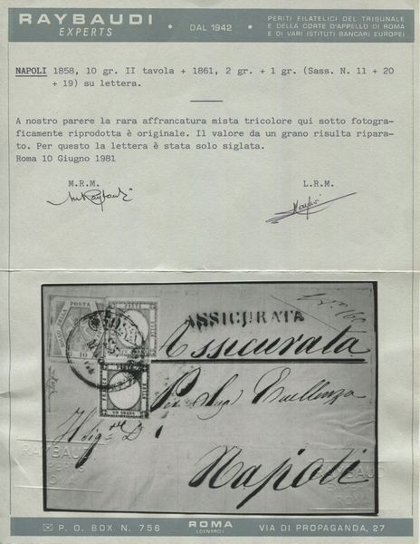 1861 - Regno di Napoli e Province Napoletane -10gr. carminio vivo II tavola (sass. 11b), 1gr. nero (sass. 19) e 2gr. celeste (Sass. 20a) su lettera assicurata da Foggia a Napoli del 25 maggio.  - Asta Filatelia e Storia Postale - Associazione Nazionale - Case d'Asta italiane