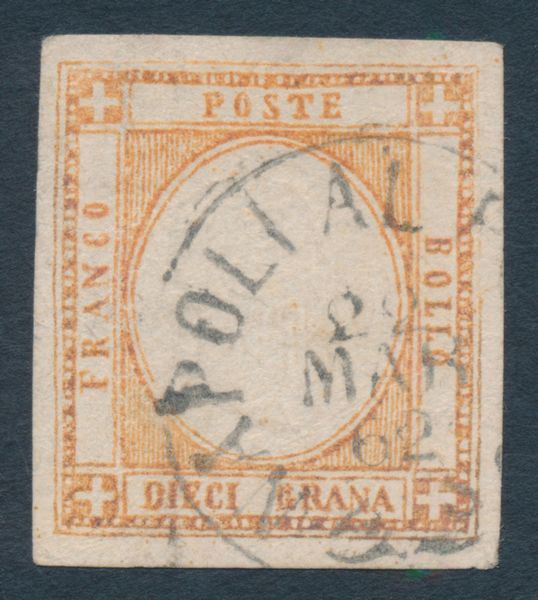 1861  Napoli  Province Napoletane  Falsi dellepoca  10 grana arancio, II tipo, effigie C, usato (Sass. F8).  - Asta Filatelia e Storia Postale - Associazione Nazionale - Case d'Asta italiane